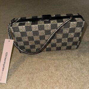 Bloomingdale’s checkered rhinestone clutch